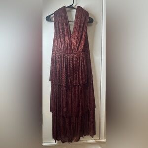 Sabina Musayev Sleeveless V Neck Red Black Metallic Tiered Cocktail Dress XS